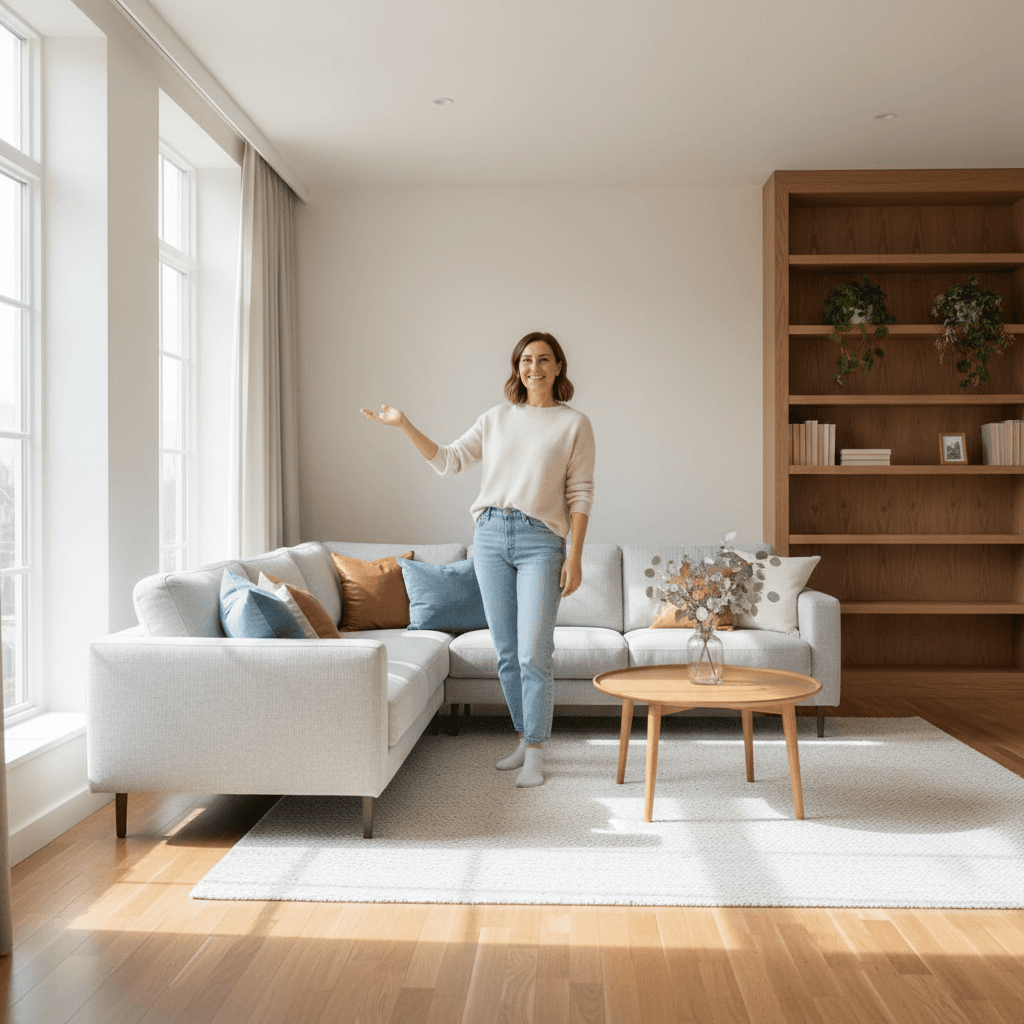 Satisfied homeowner in freshly cleaned living room