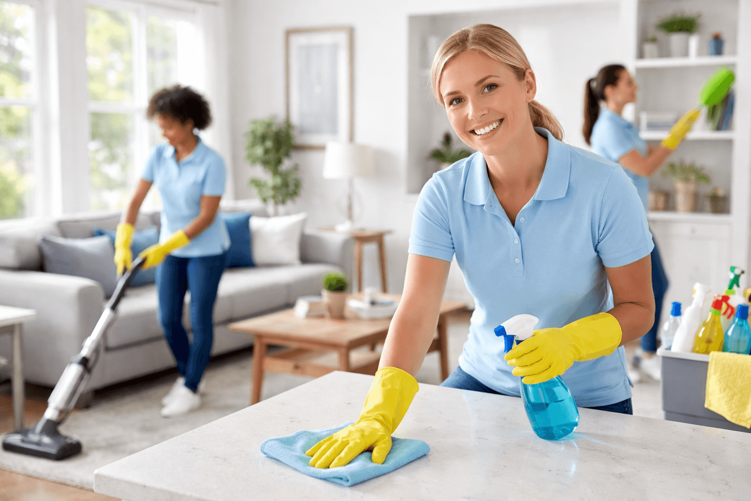 Smiling woman in yellow gloves wipes a counter while her team vacuums and dusts.