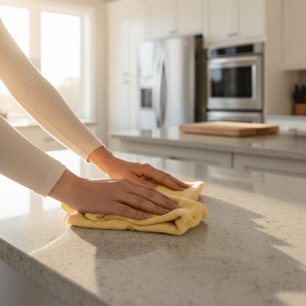 Cleaner wiping kitchen counter